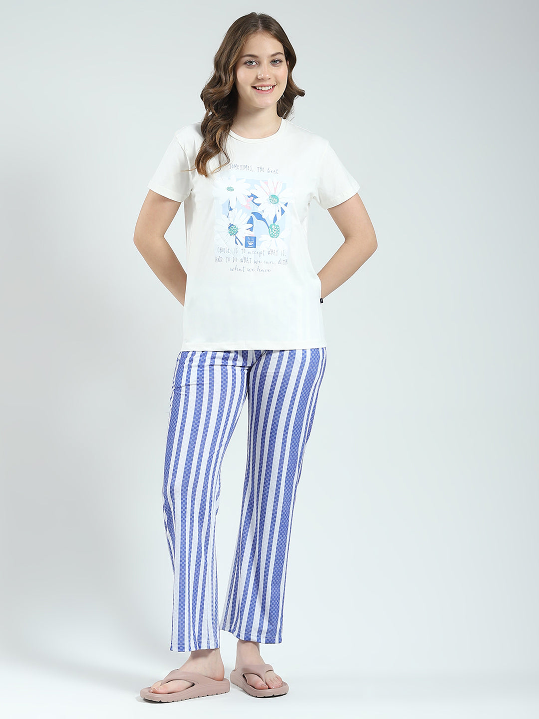 Women White Printed Round Neck Half Sleeve Lower Set