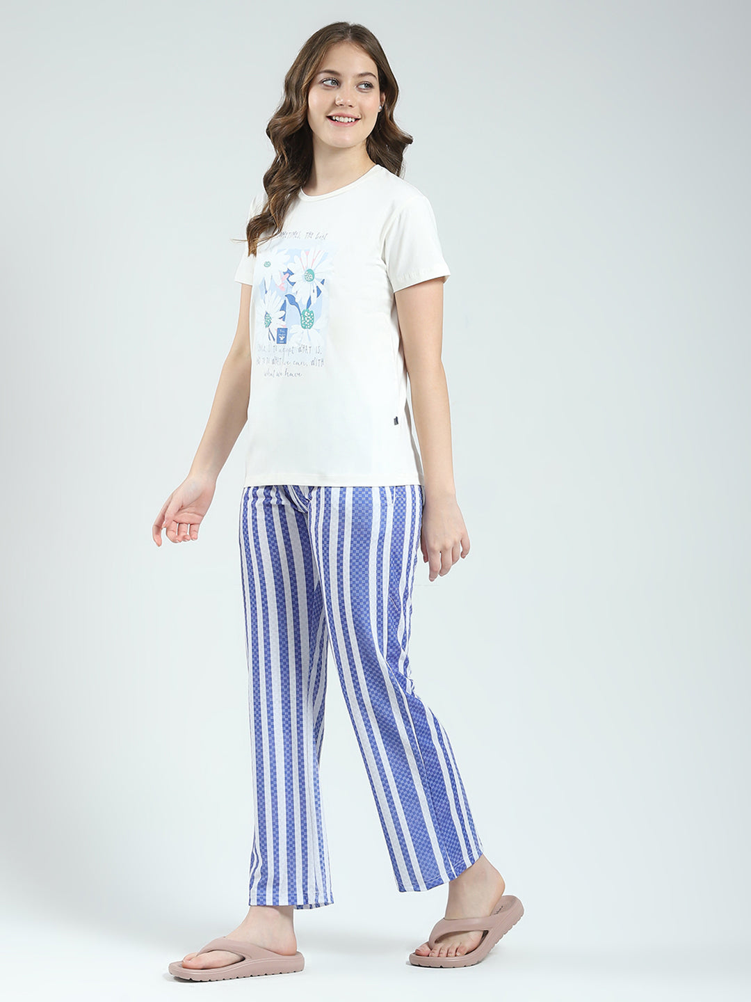 Women White Printed Round Neck Half Sleeve Lower Set