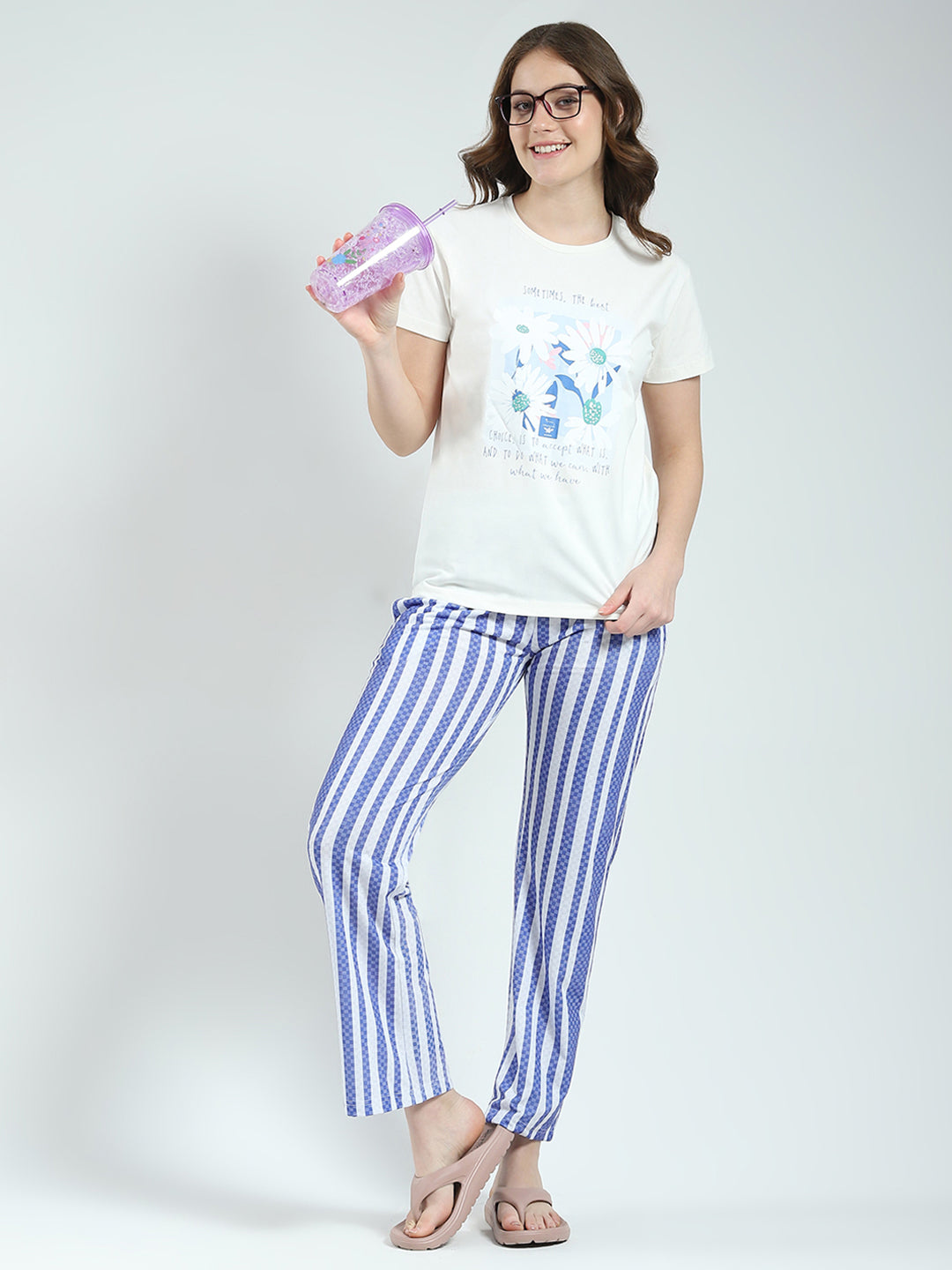 Women White Printed Round Neck Half Sleeve Lower Set