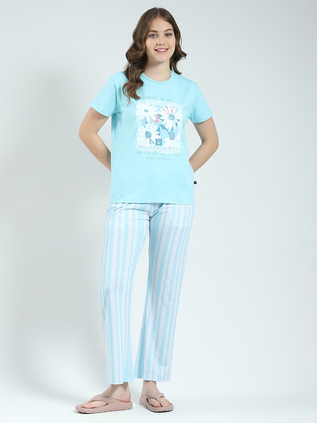 Women Blue Printed Round Neck Half Sleeve Lower Set