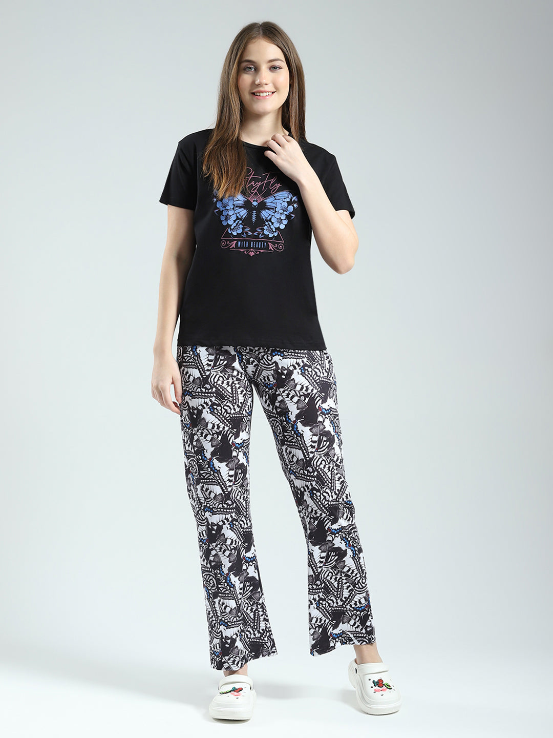 Women Black Printed Round Neck Half Sleeve Lower Set