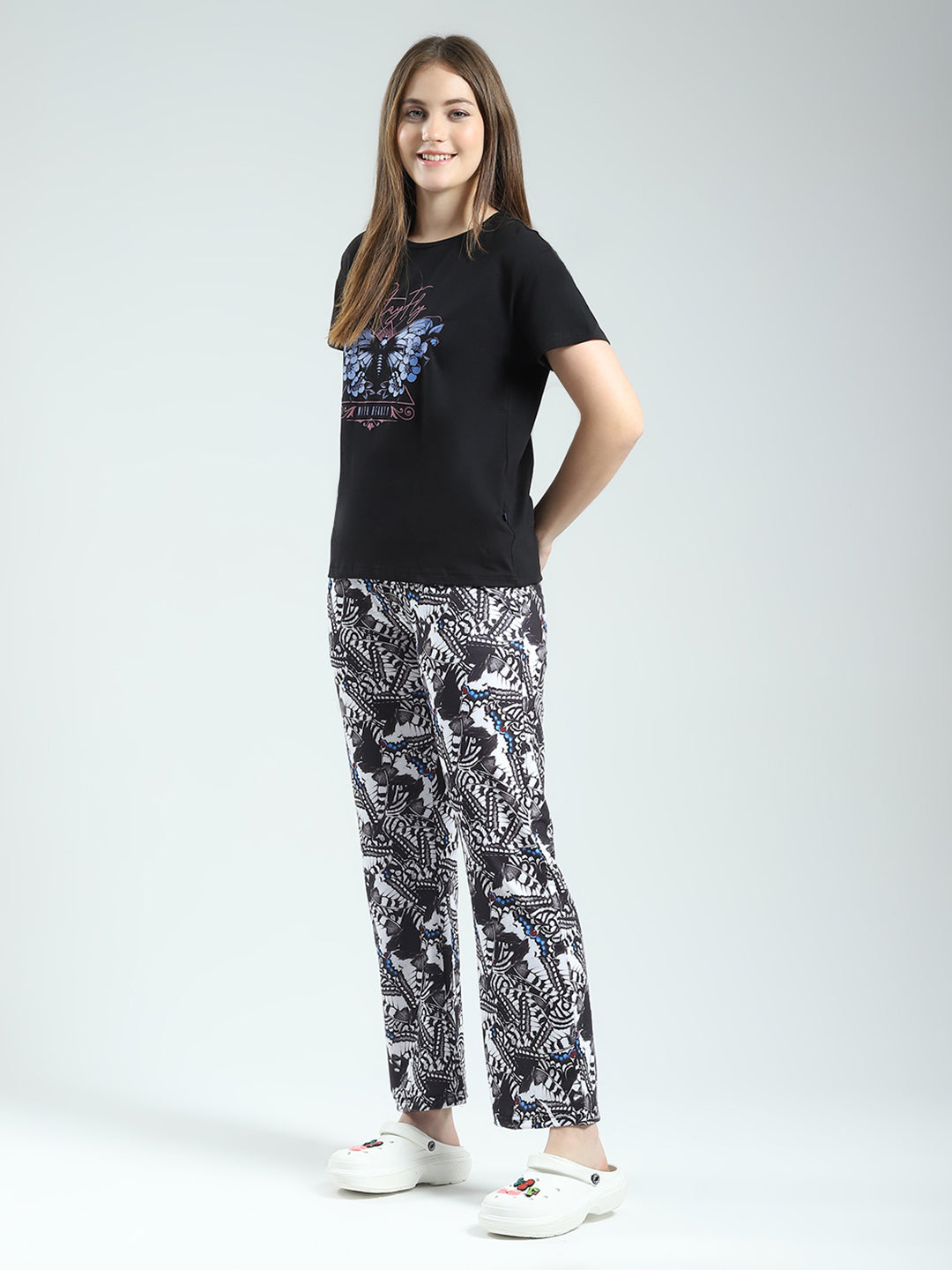 Women Black Printed Round Neck Half Sleeve Lower Set