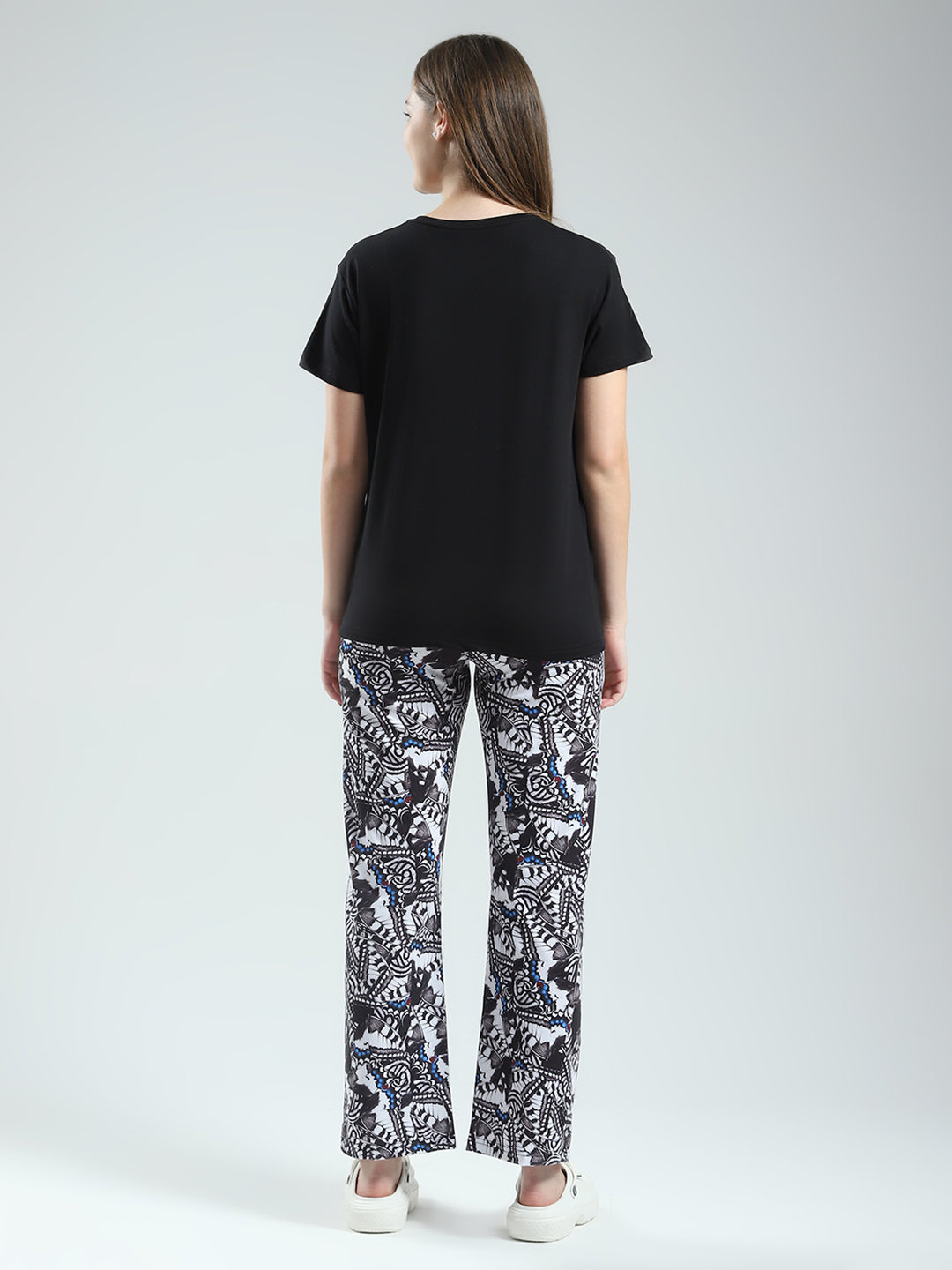 Women Black Printed Round Neck Half Sleeve Lower Set