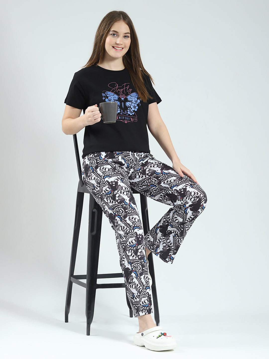 Women Black Printed Round Neck Half Sleeve Lower Set