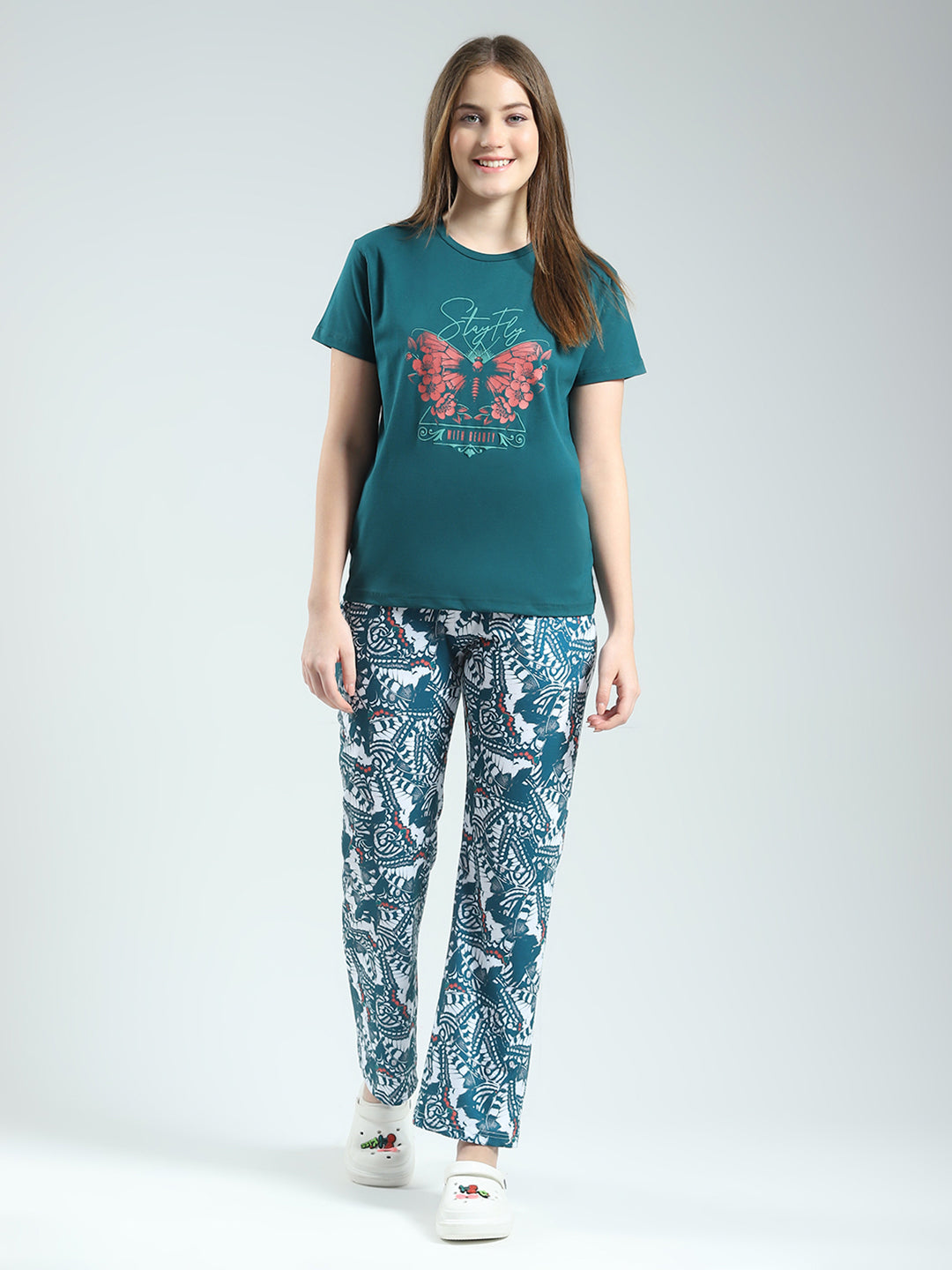 Women Green Printed Round Neck Half Sleeve Lower Set