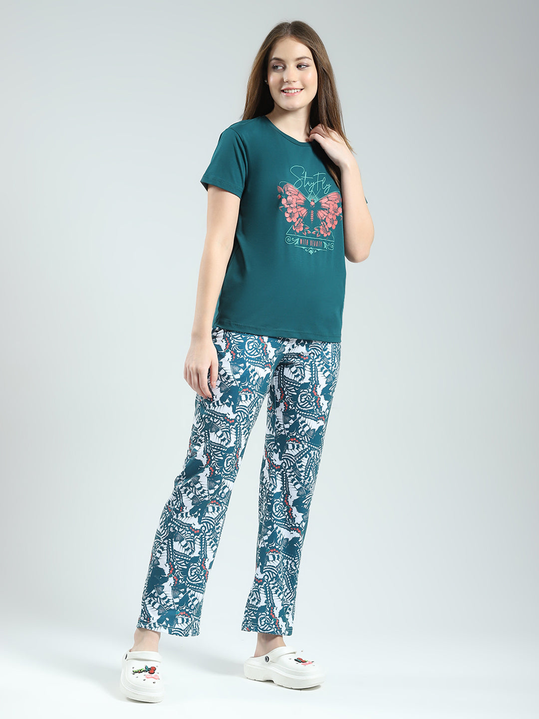 Women Green Printed Round Neck Half Sleeve Lower Set