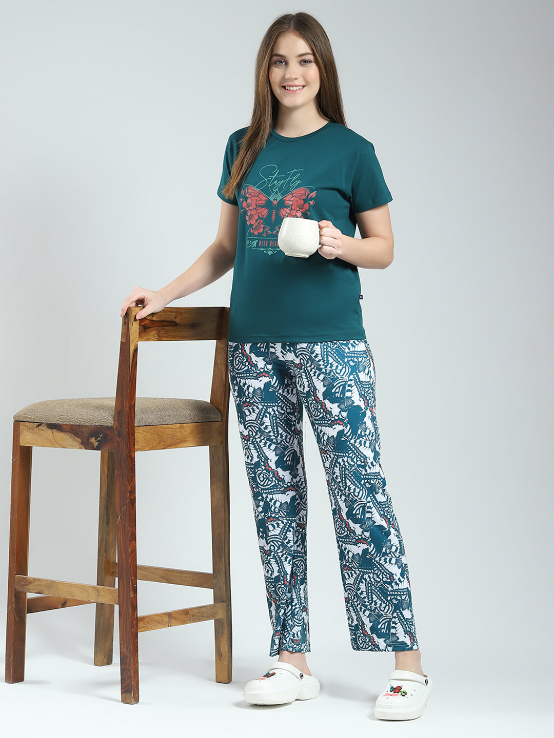 Women Green Printed Round Neck Half Sleeve Lower Set