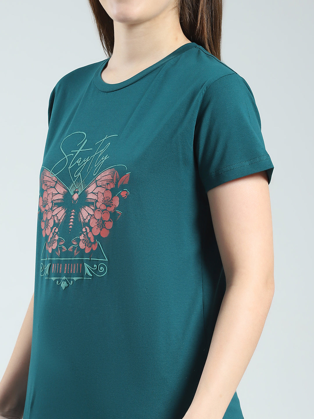 Women Green Printed Round Neck Half Sleeve Lower Set