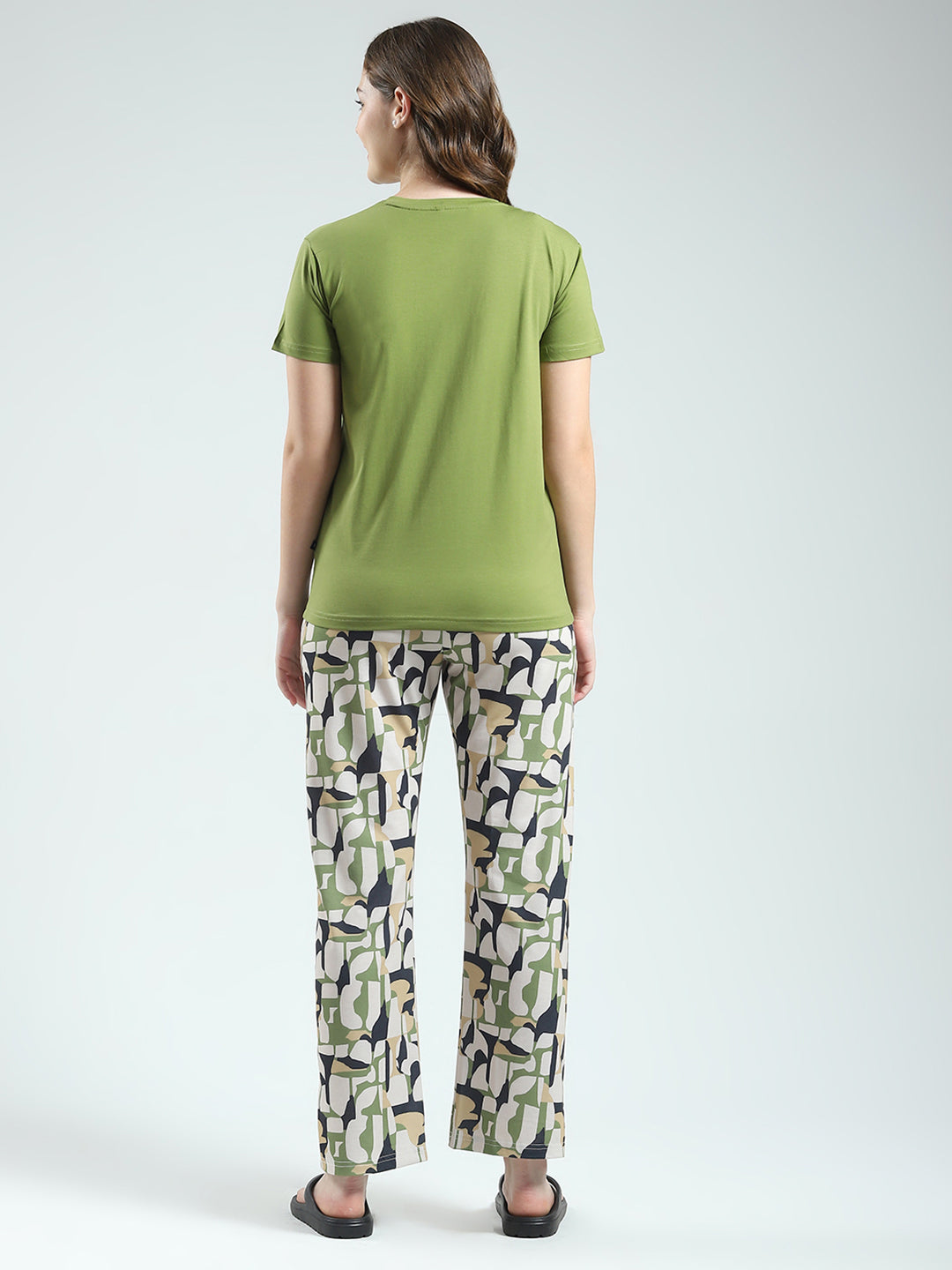 Women Green Printed Round Neck Half Sleeve Lower Set