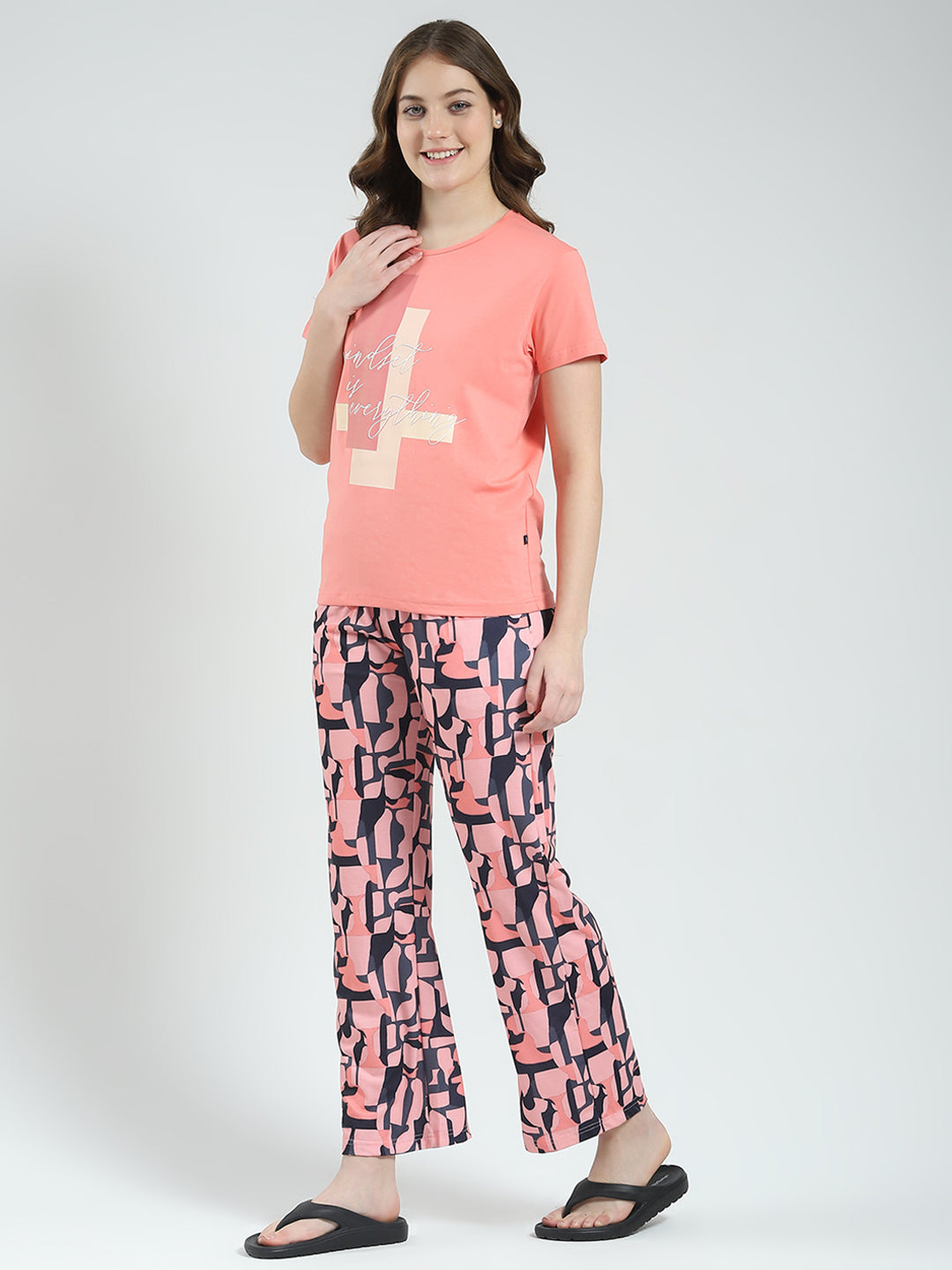 Women Coral Printed Round Neck Half Sleeve Lower Set