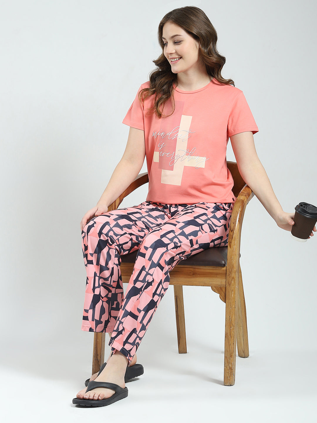 Women Coral Printed Round Neck Half Sleeve Lower Set