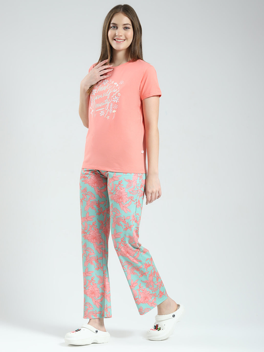 Women Coral Printed Round Neck Half Sleeve Lower Set