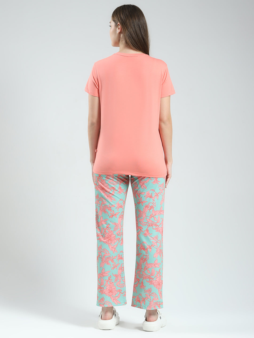 Women Coral Printed Round Neck Half Sleeve Lower Set