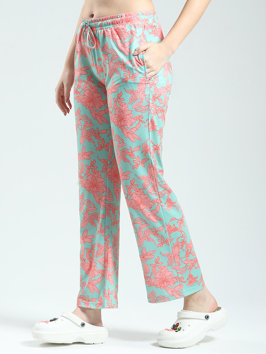 Women Coral Printed Round Neck Half Sleeve Lower Set