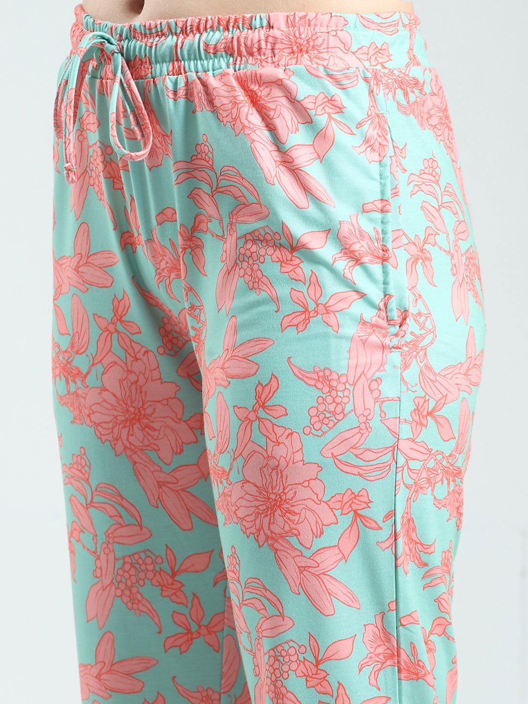 Women Coral Printed Round Neck Half Sleeve Lower Set