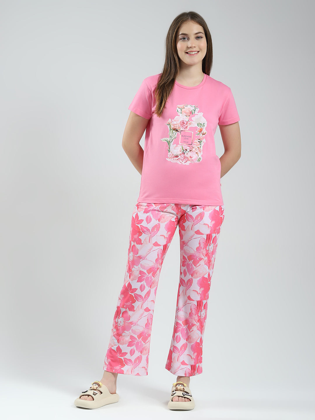 Women Pink Printed Round Neck Half Sleeve Lower Set