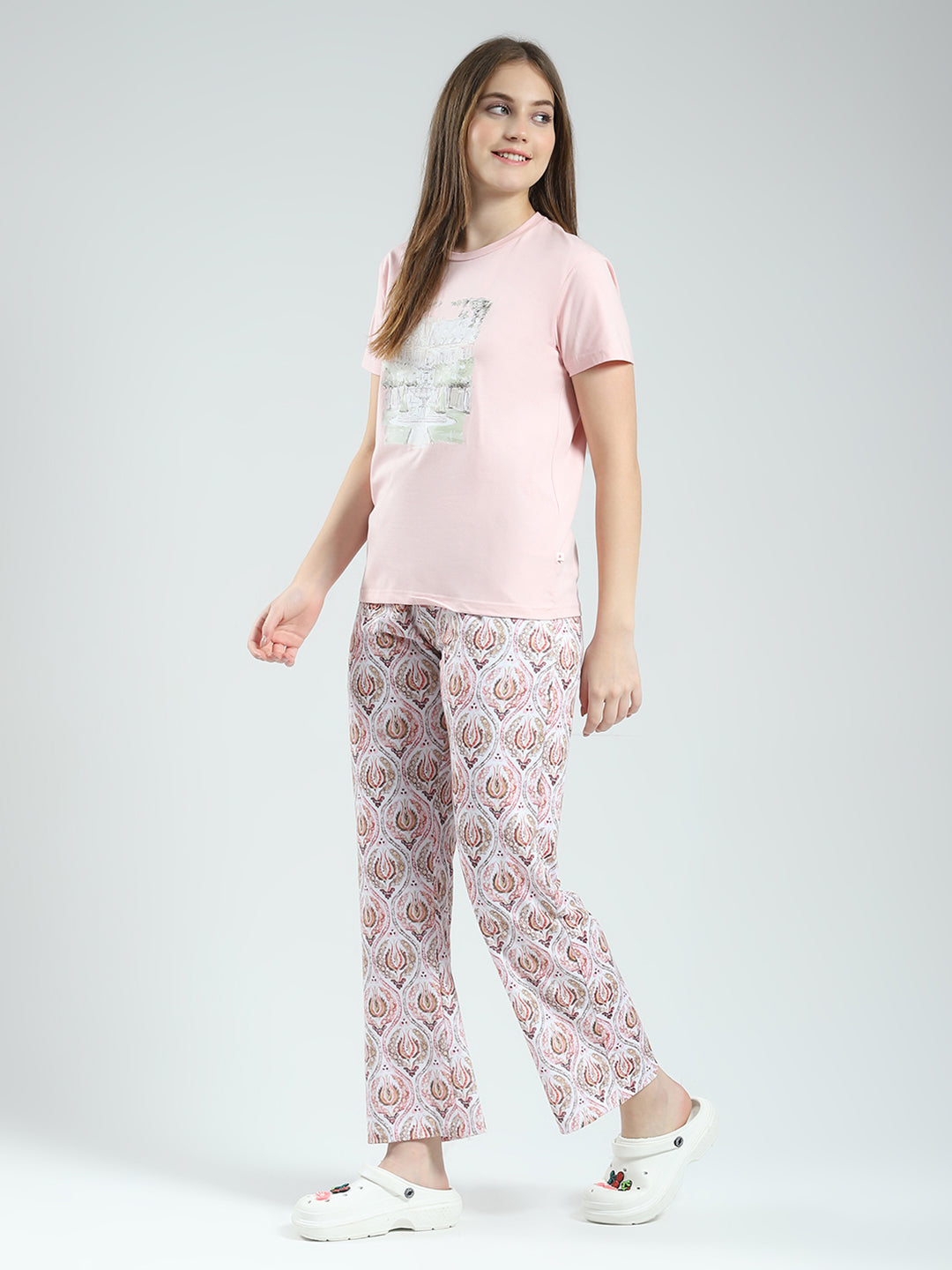 Women Pink Printed Round Neck Half Sleeve Lower Set