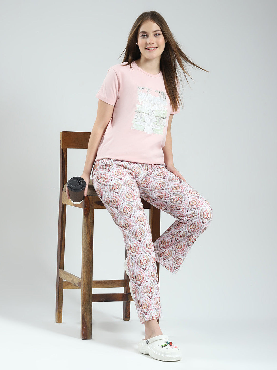 Women Pink Printed Round Neck Half Sleeve Lower Set