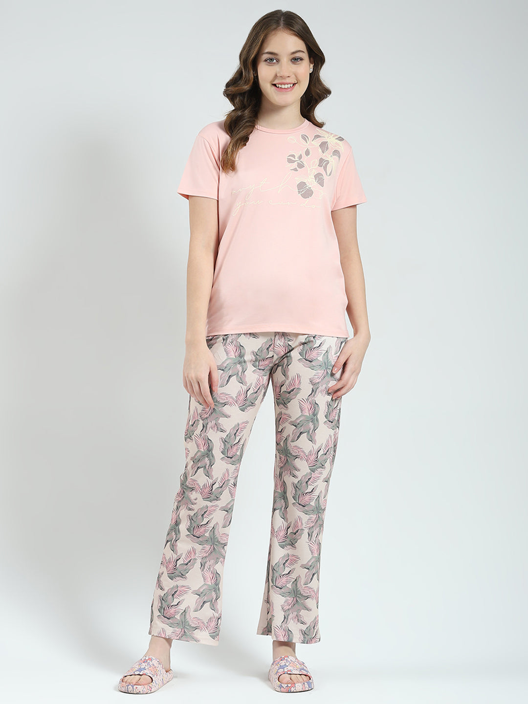 Women Peach Printed Round Neck Half Sleeve Lower Set