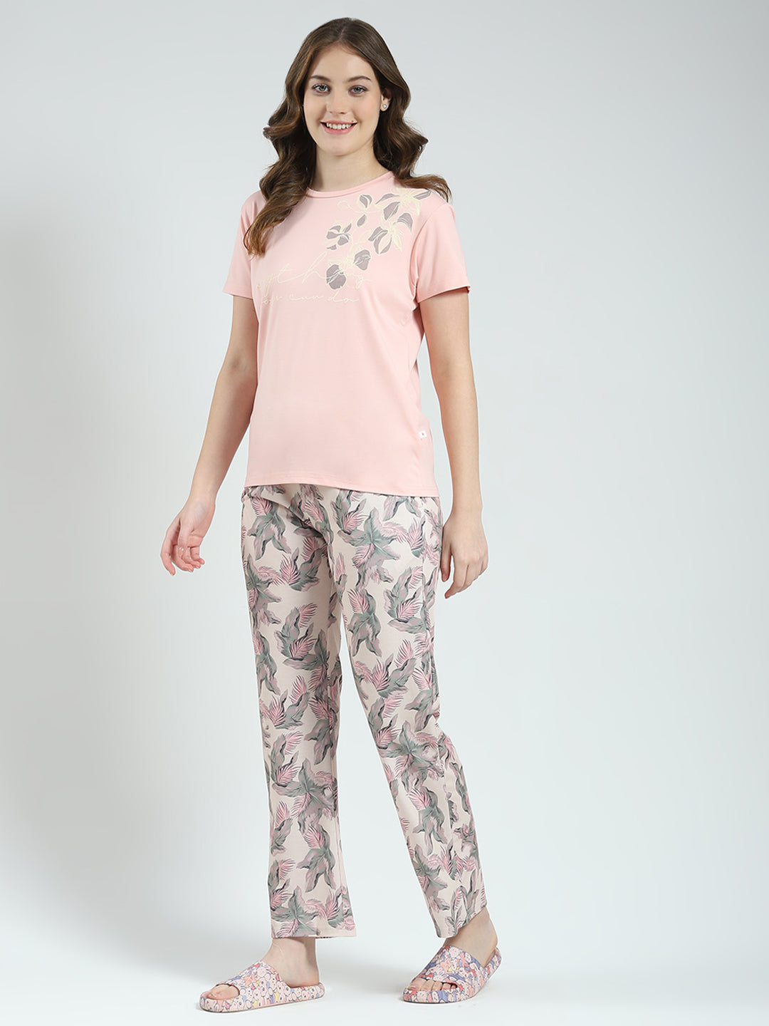 Women Peach Printed Round Neck Half Sleeve Lower Set