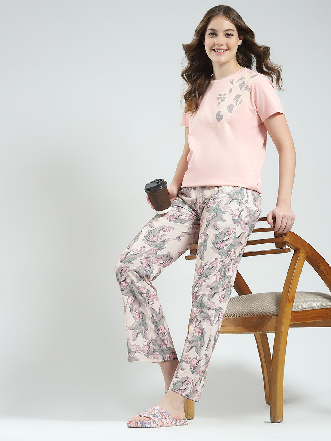 Women Peach Printed Round Neck Half Sleeve Lower Set