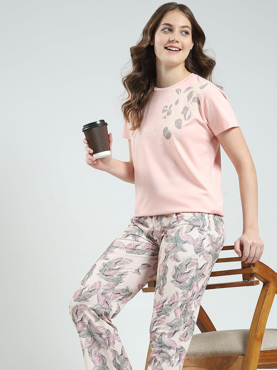 Women Peach Printed Round Neck Half Sleeve Lower Set