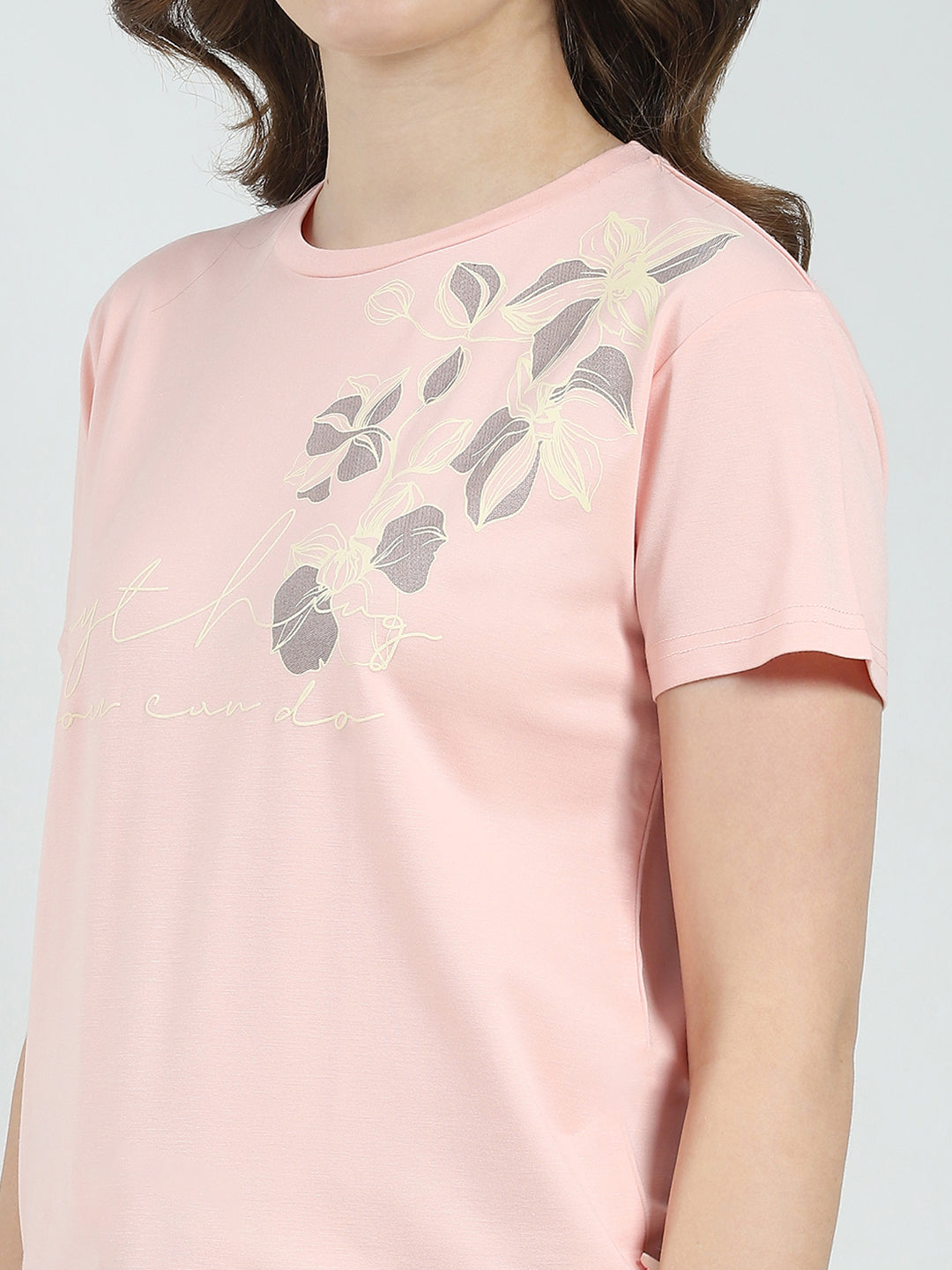 Women Peach Printed Round Neck Half Sleeve Lower Set