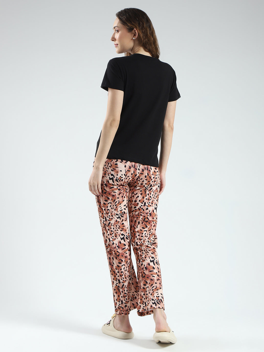 Women Black & Brown Printed Round Neck Half Sleeve Lower Set