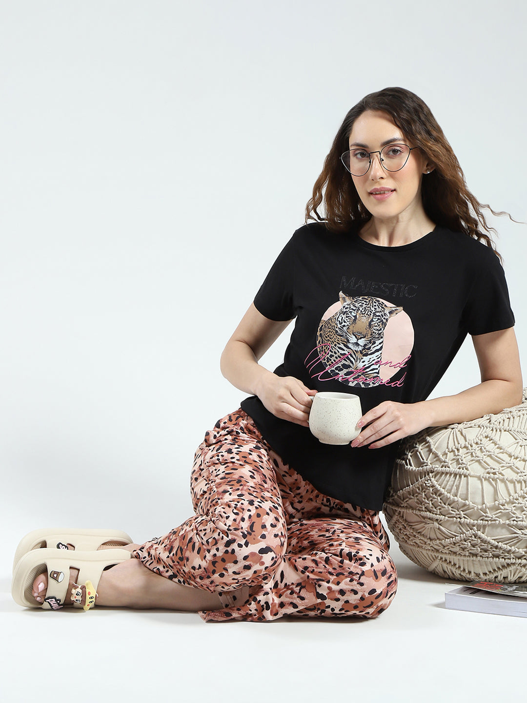 Women Black & Brown Printed Round Neck Half Sleeve Lower Set