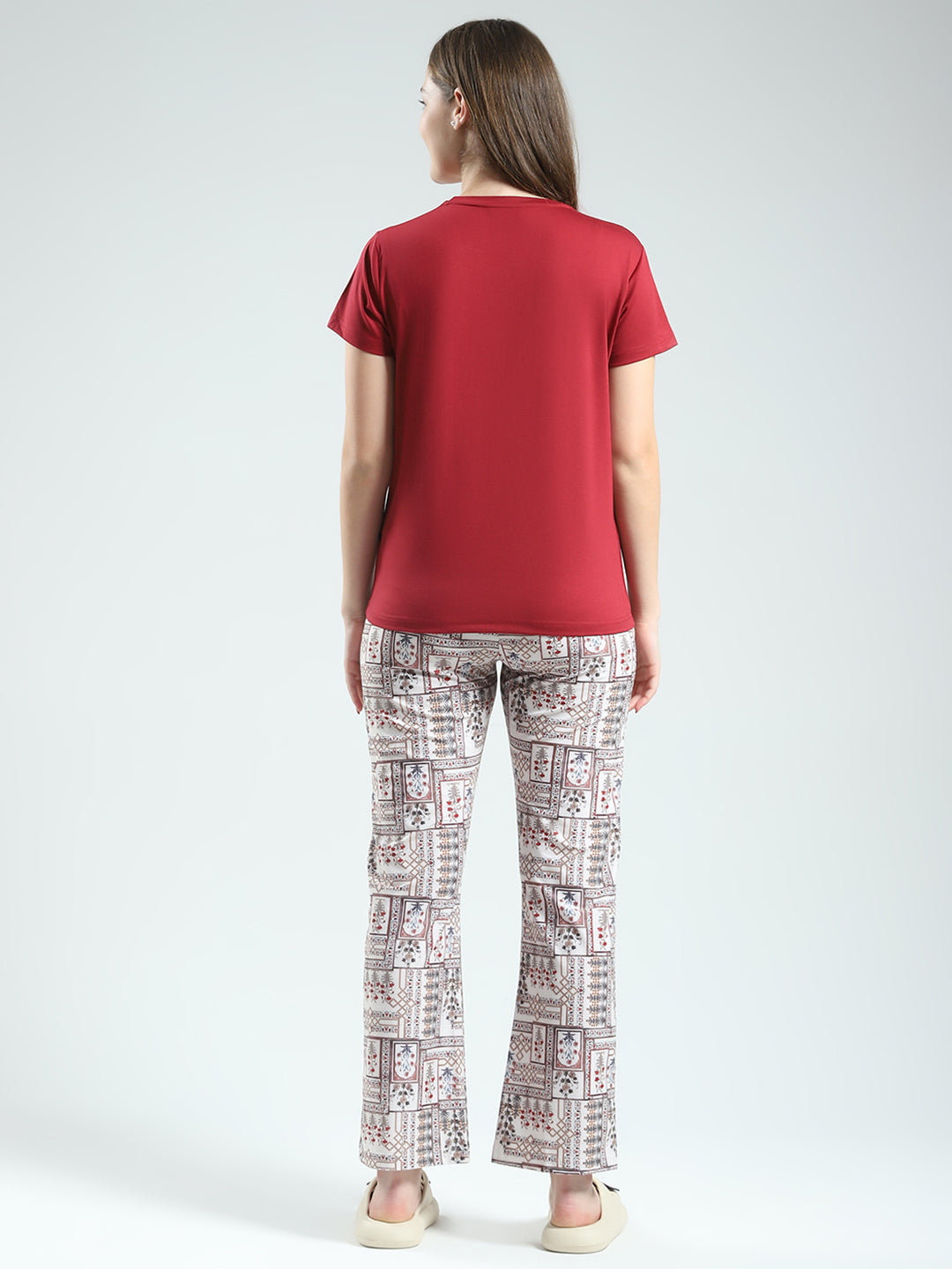 Women Maroon Printed Round Neck Half Sleeve Lower Set