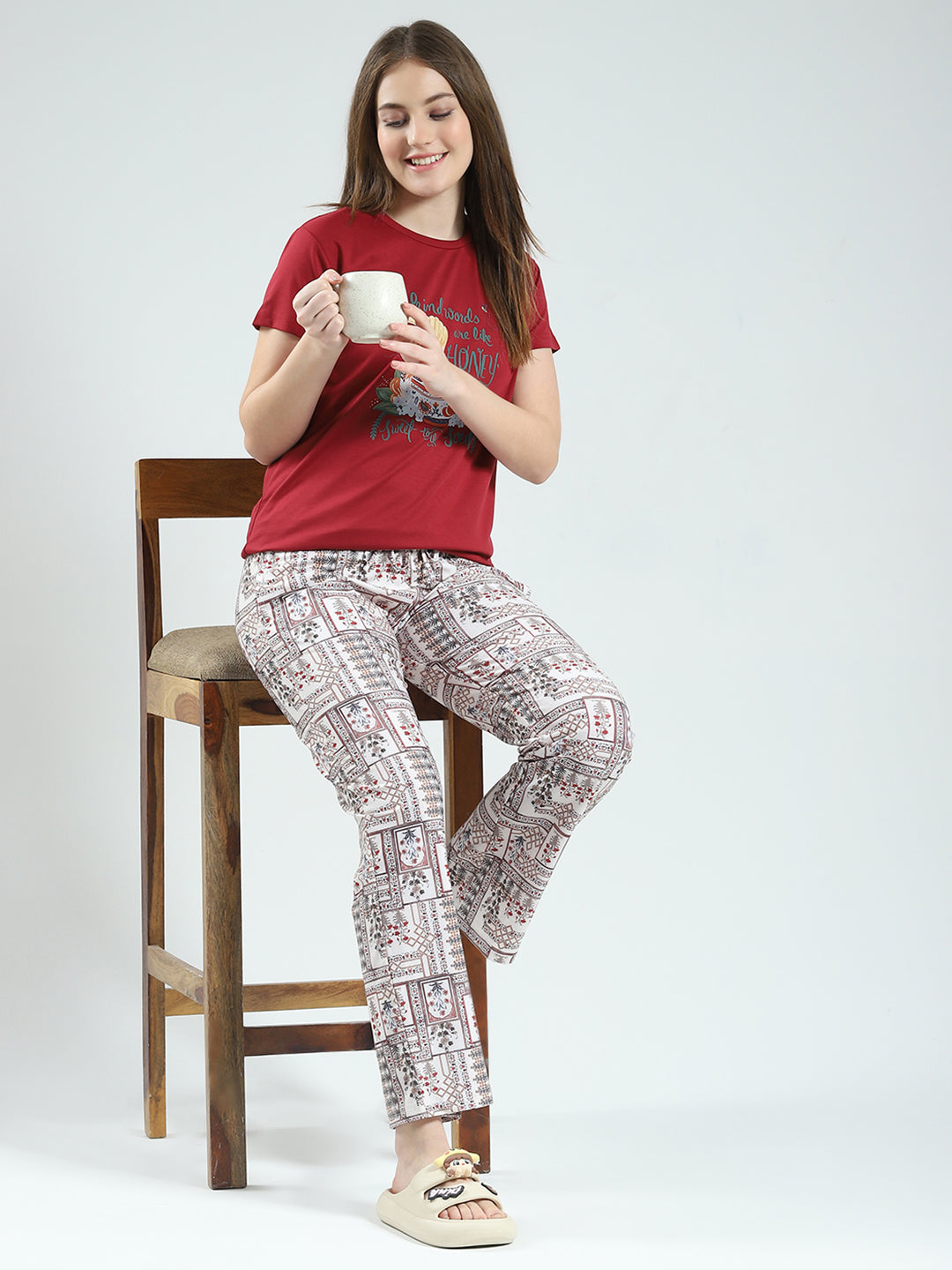 Women Maroon Printed Round Neck Half Sleeve Lower Set