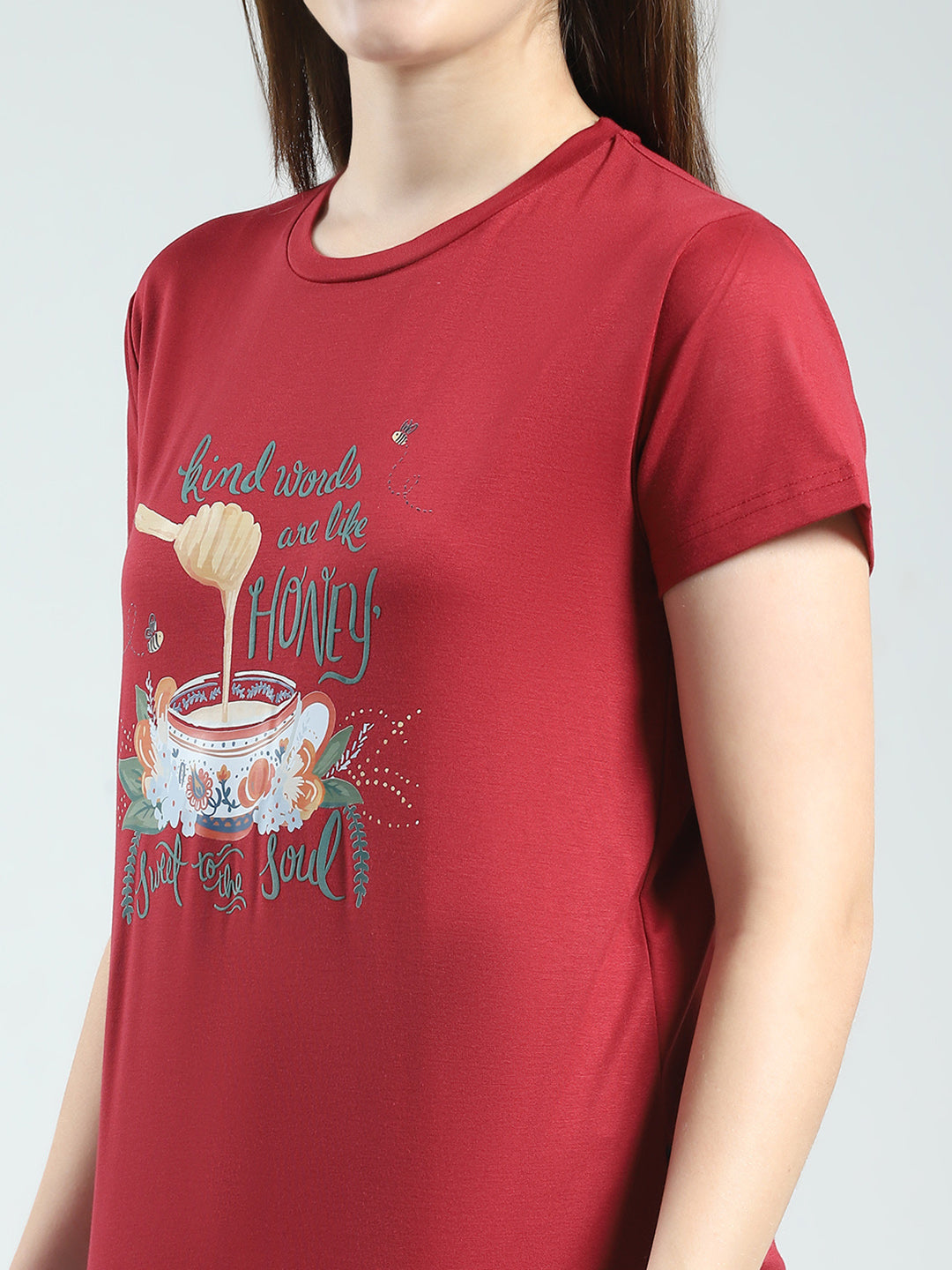 Women Maroon Printed Round Neck Half Sleeve Lower Set