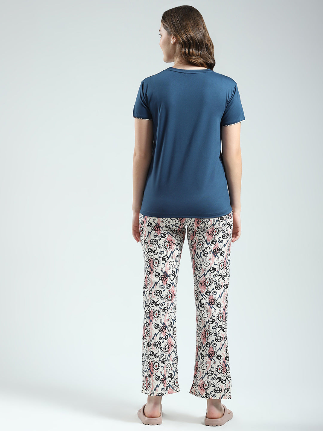 Women Blue Printed Round Neck Half Sleeve Lower Set