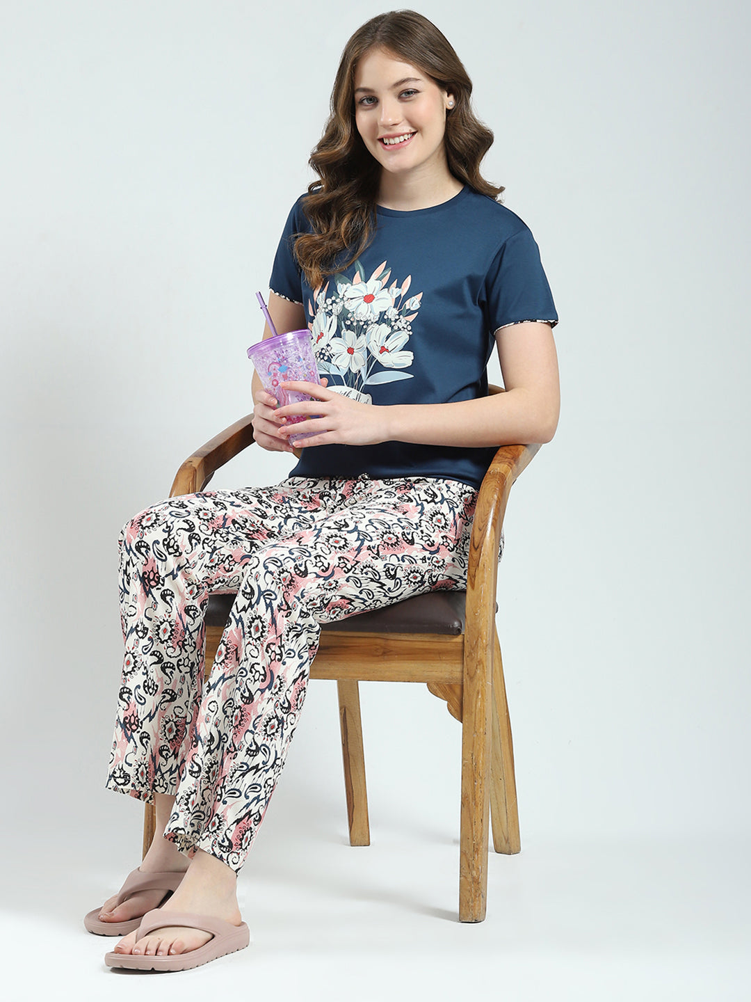 Women Blue Printed Round Neck Half Sleeve Lower Set