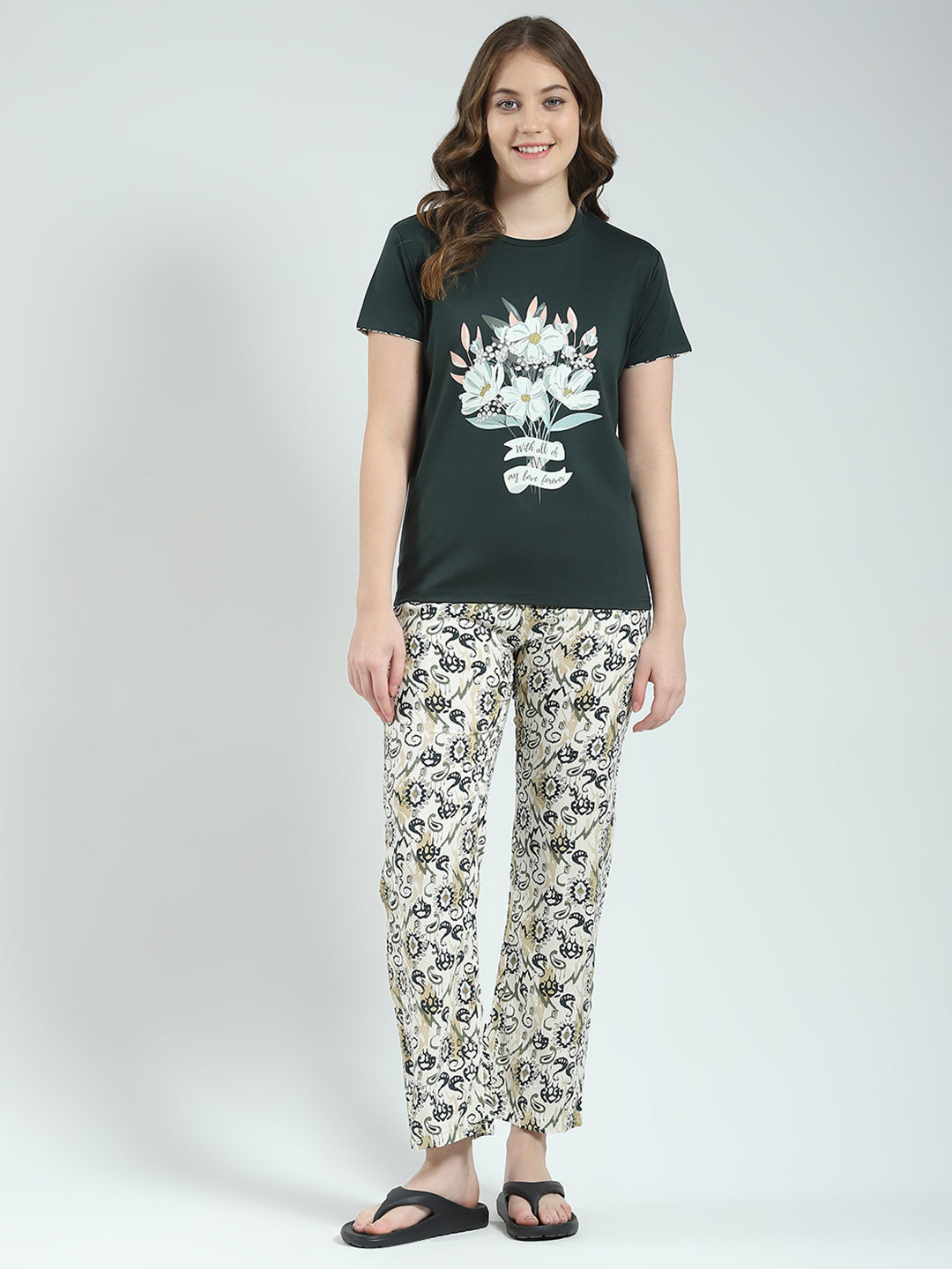 Women Green Printed Round Neck Half Sleeve Lower Set