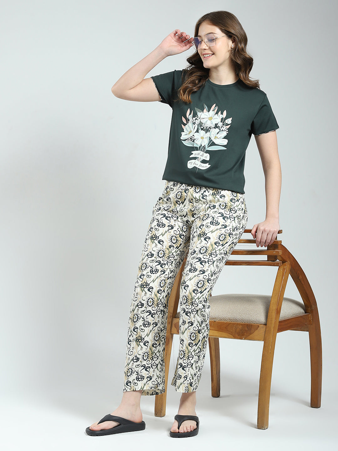 Women Green Printed Round Neck Half Sleeve Lower Set