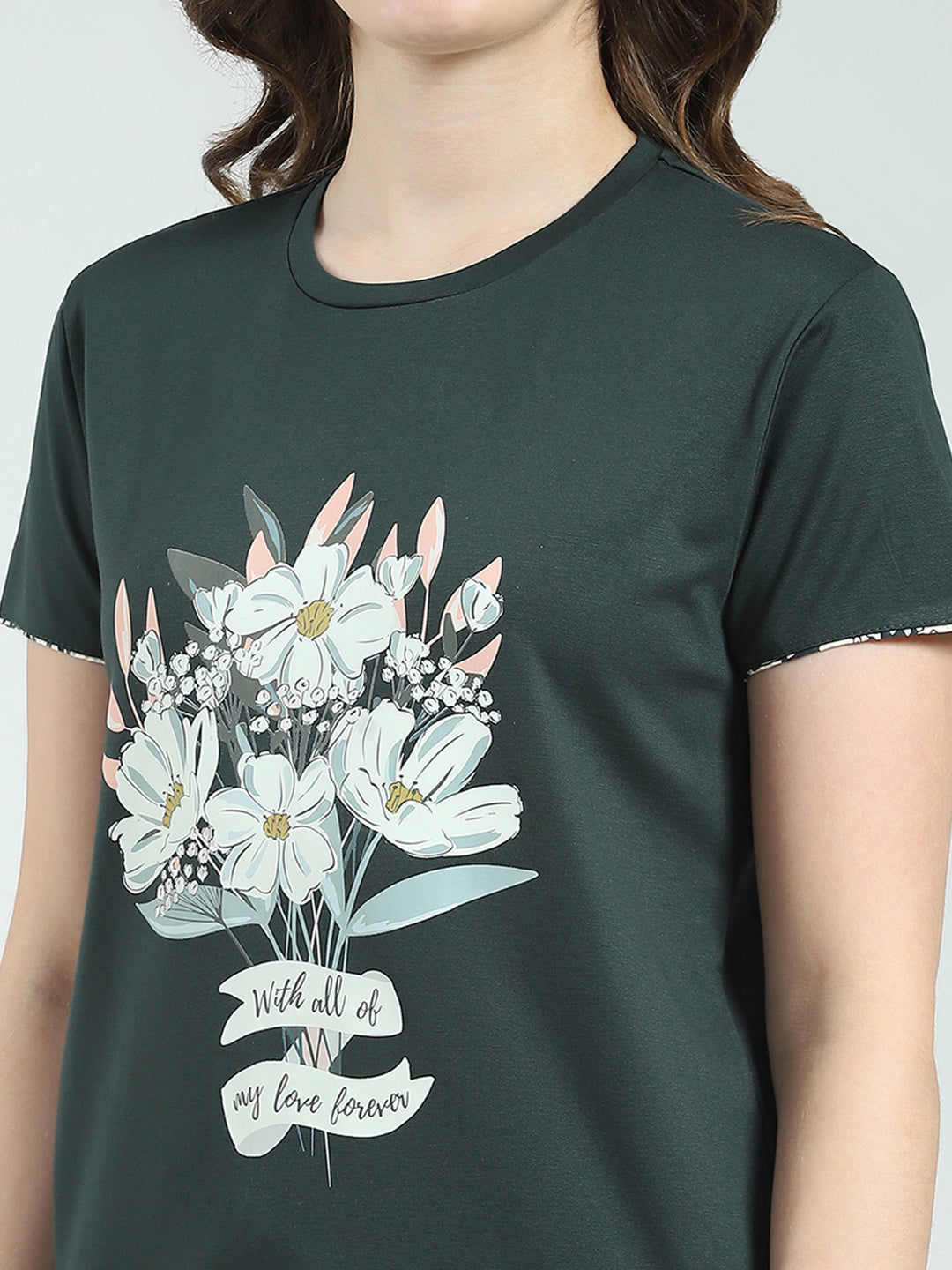 Women Green Printed Round Neck Half Sleeve Lower Set