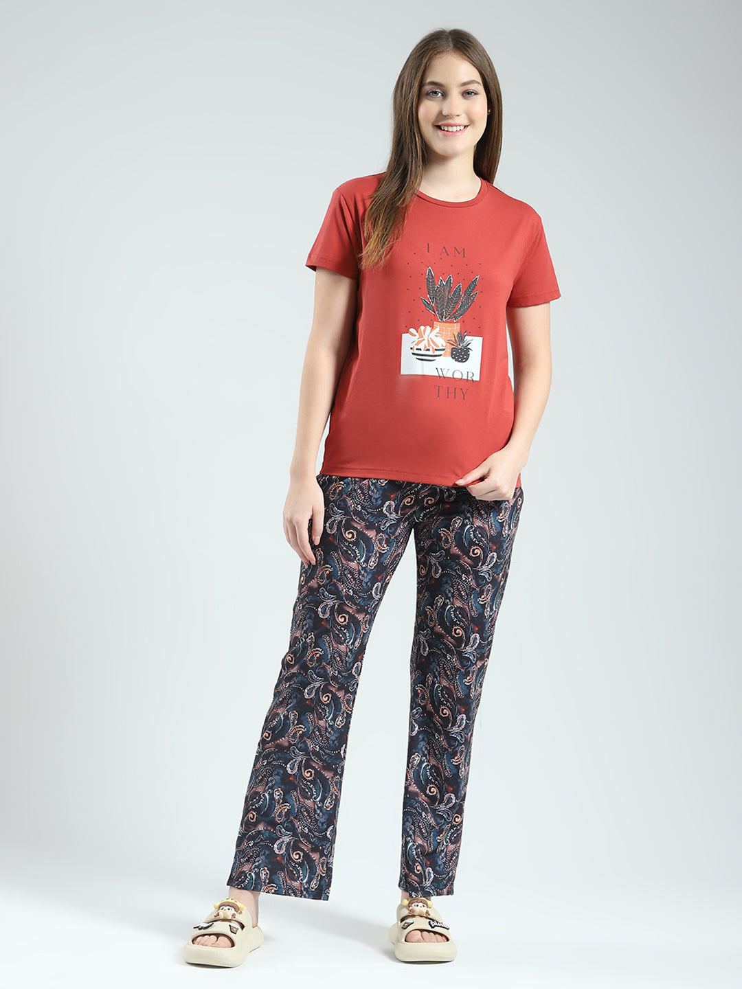 Women Rust Printed Round Neck Half Sleeve Lower Set