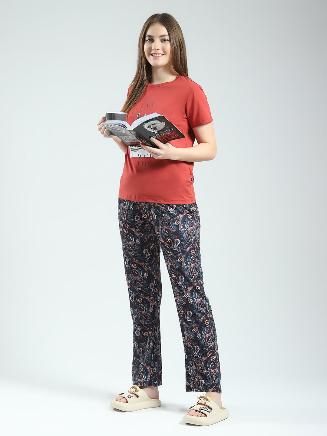 Women Rust Printed Round Neck Half Sleeve Lower Set