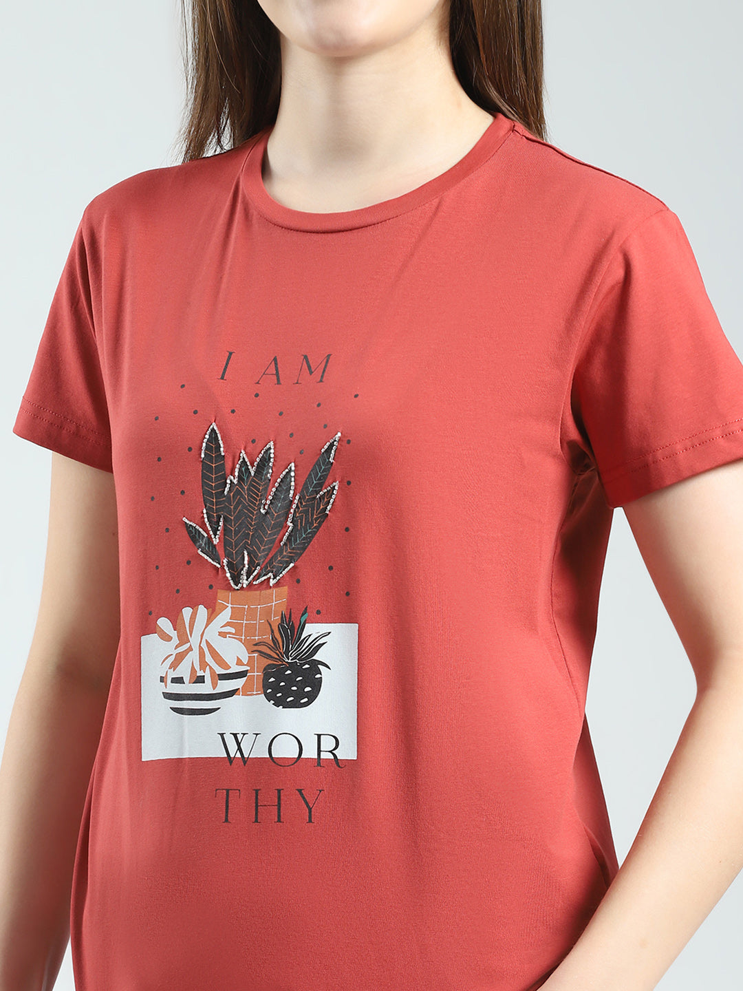 Women Rust Printed Round Neck Half Sleeve Lower Set