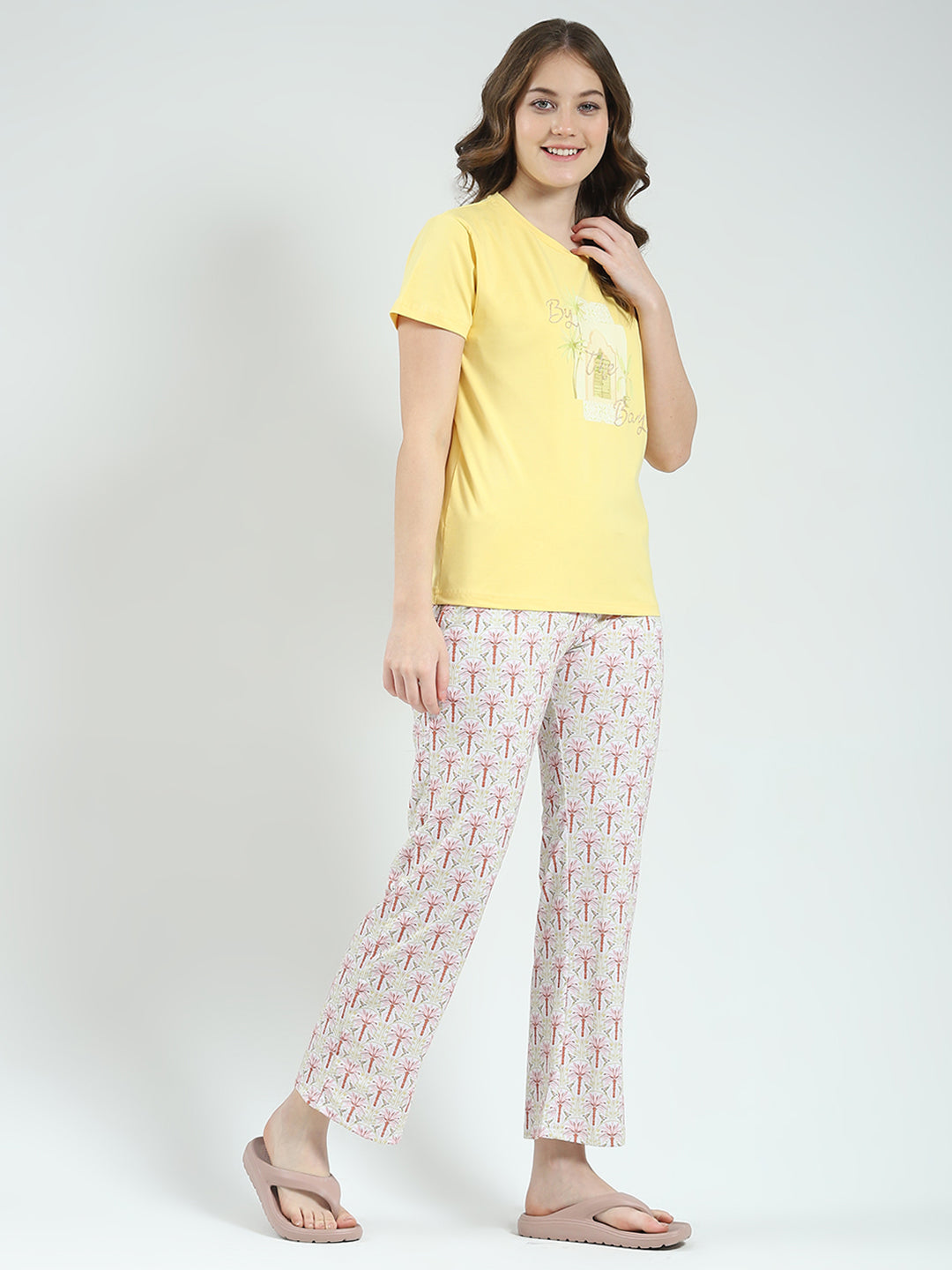 Women Yellow Printed Round Neck Half Sleeve Lower Set