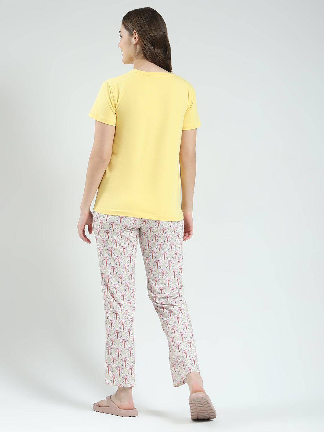 Women Yellow Printed Round Neck Half Sleeve Lower Set