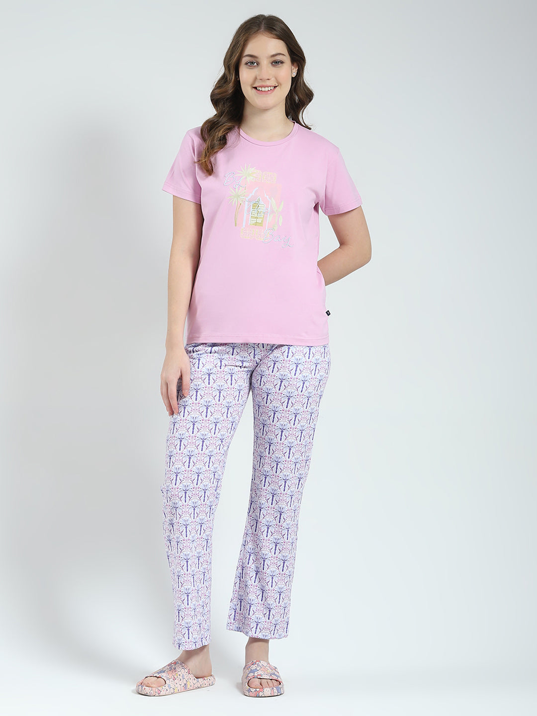 Women Purple Printed Round Neck Half Sleeve Lower Set