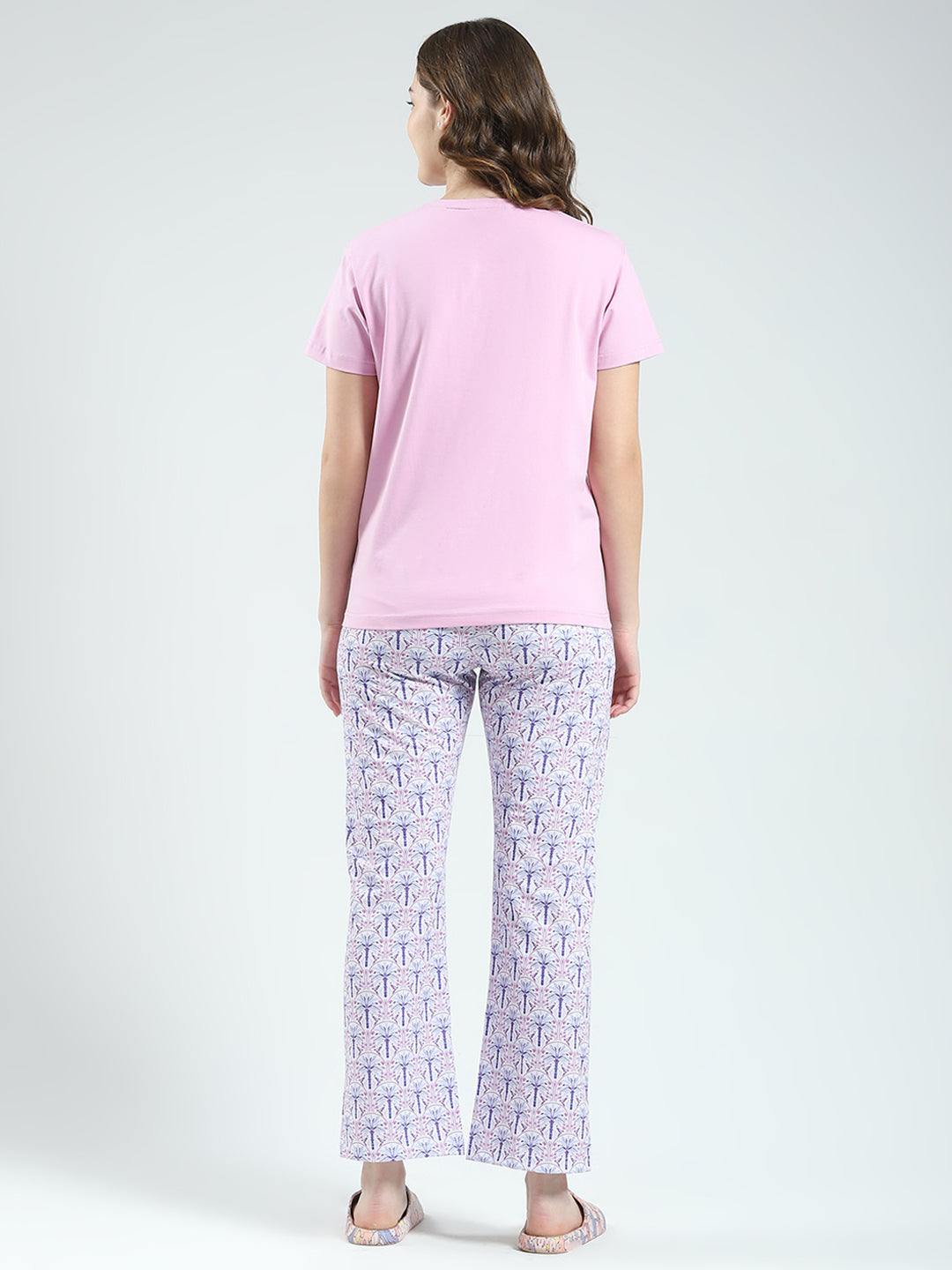 Women Purple Printed Round Neck Half Sleeve Lower Set