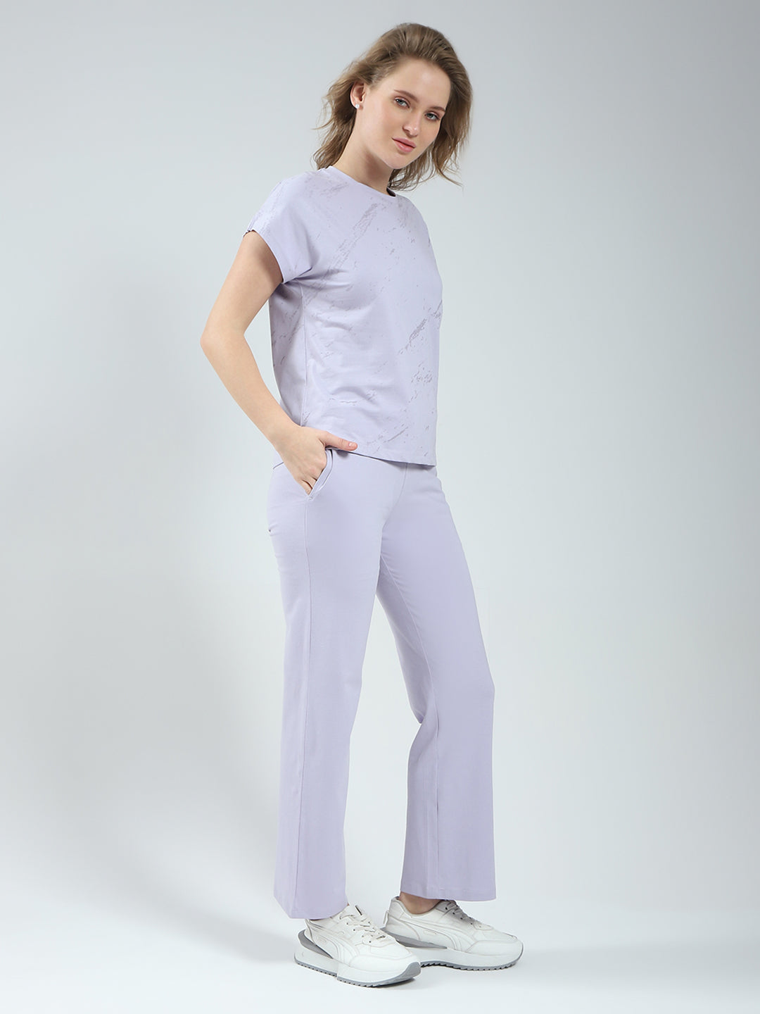 Women Purple Printed Round Neck Half Sleeve Lower Set