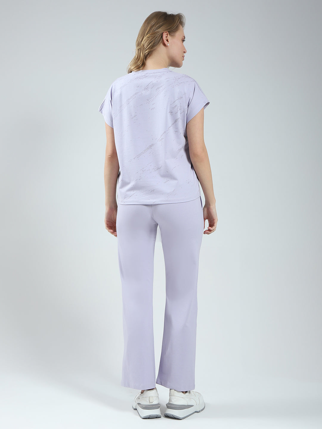 Women Purple Printed Round Neck Half Sleeve Lower Set