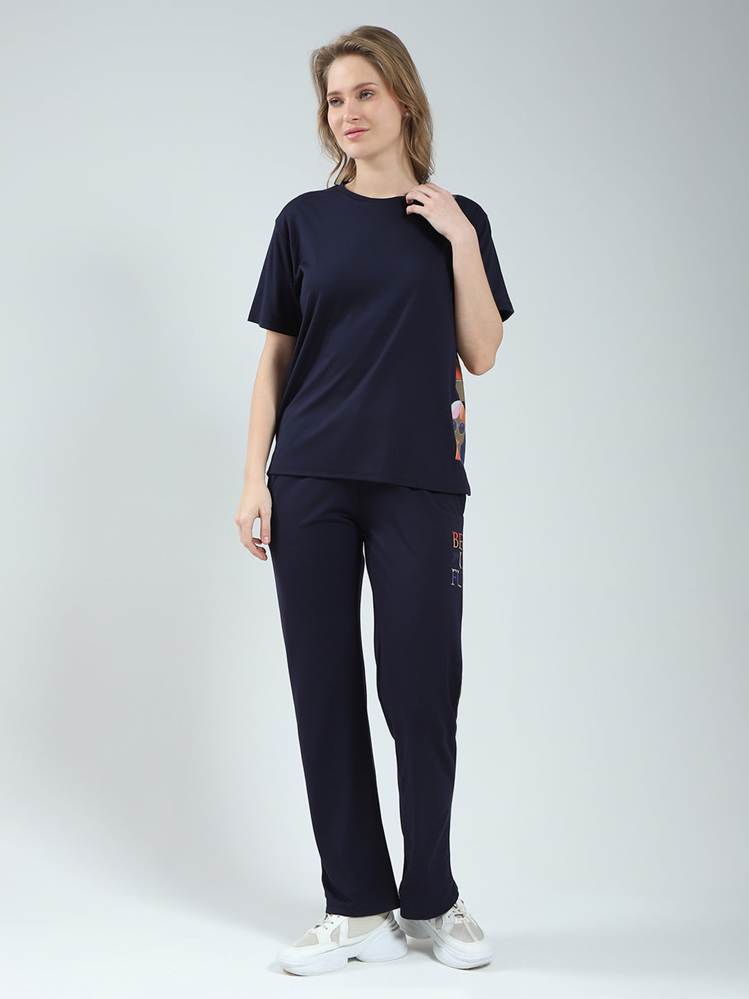 Women Navy Blue Printed Round Neck Half Sleeve Lower Set