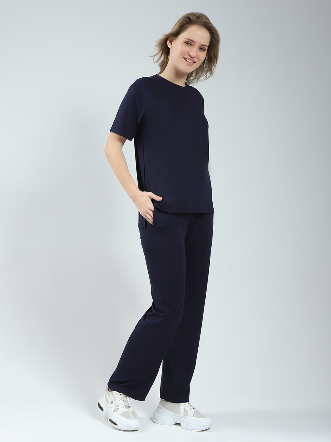 Women Navy Blue Printed Round Neck Half Sleeve Lower Set