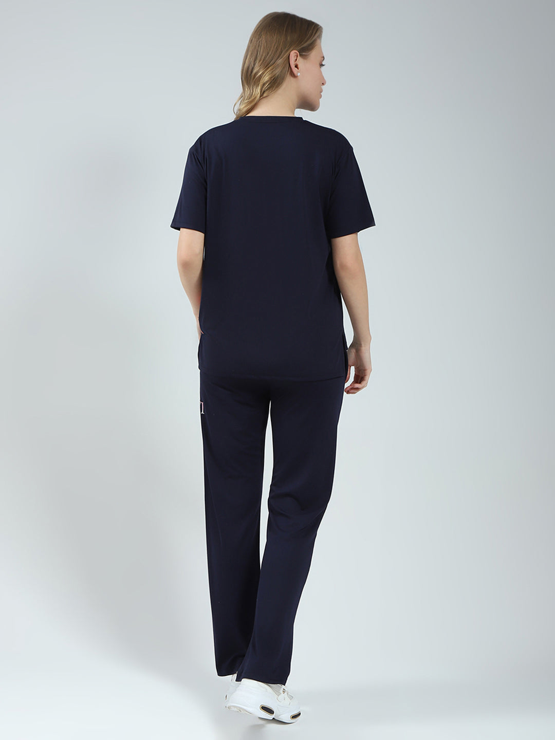 Women Navy Blue Printed Round Neck Half Sleeve Lower Set