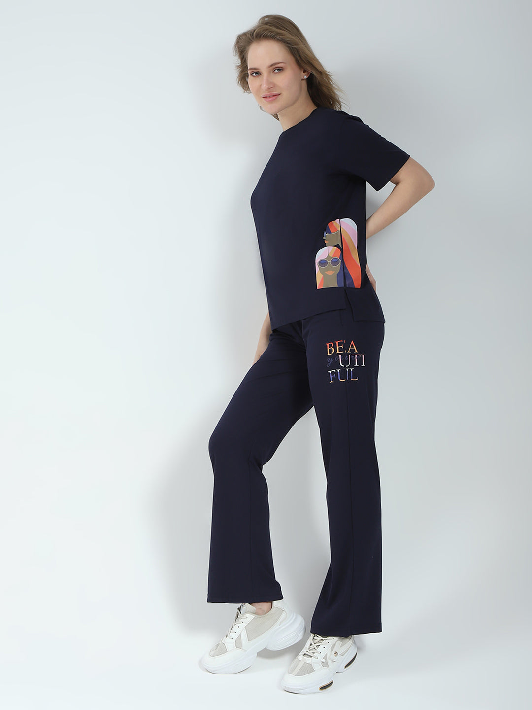 Women Navy Blue Printed Round Neck Half Sleeve Lower Set